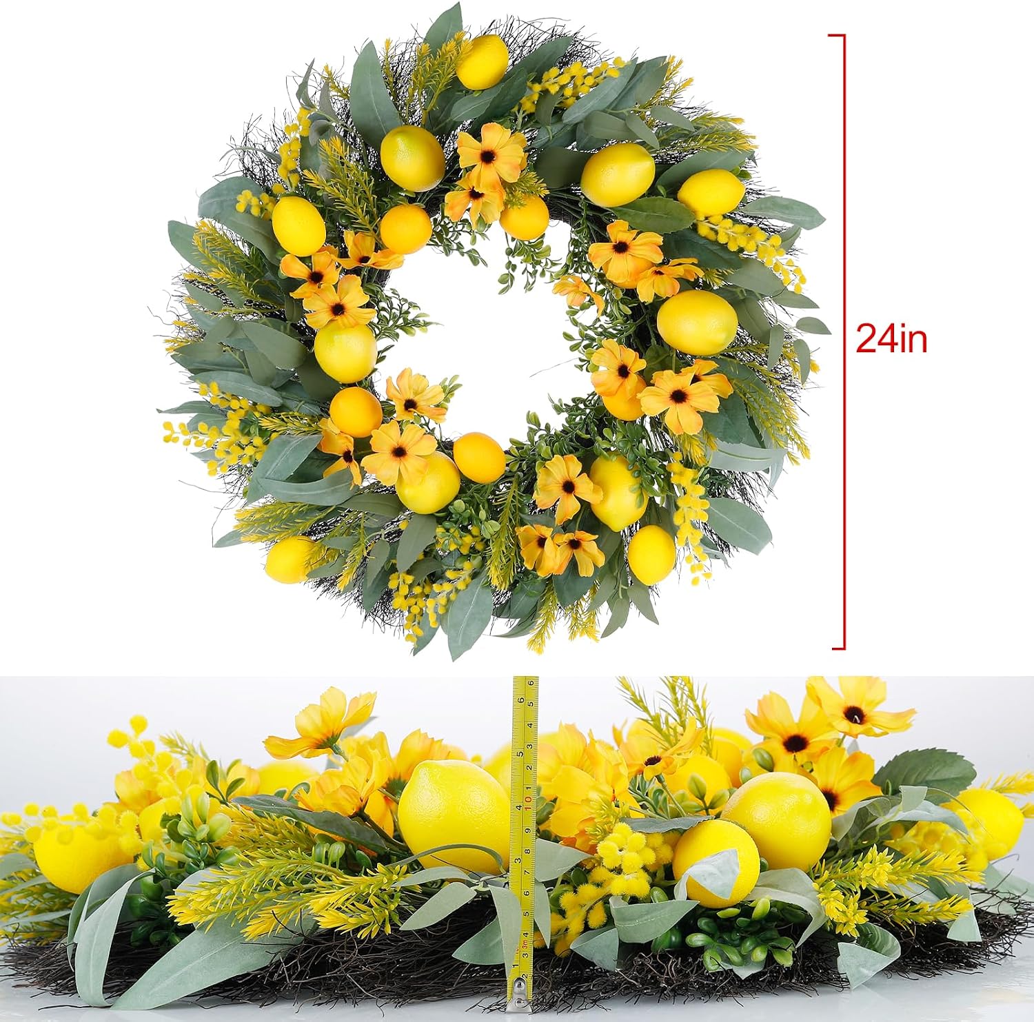 Summer Wreaths for Front Door, 24in Lemmer Wreaths, Eucalyptus Wreath for Front Door, Wreath Decorations for Spring, Summer, Indoors,Outdoors, corridors, Offices. (Yellow)