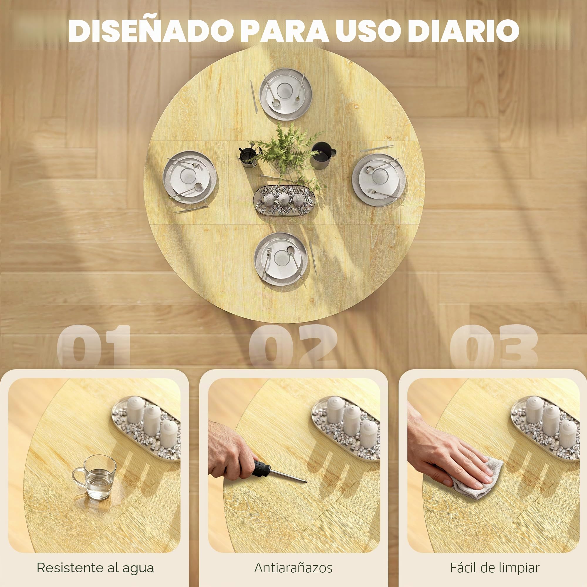 HOMCOM Mesa Plegable sobre Ruedas Redonda 100 x 100 x 75 cm Roble | Mesa de cocina para 4, 2 hojas abatibles, estante inferior, espacios pequeños, comedor
