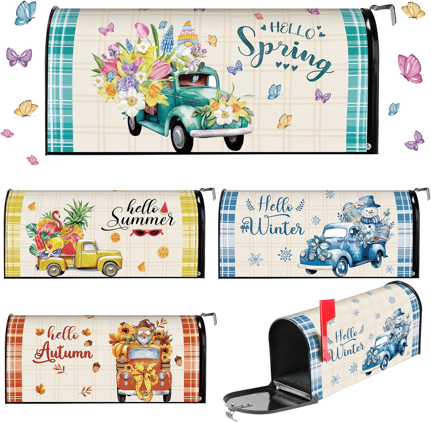 Dispowreath 4 Pcs Mailbox Covers Magnetic Standard Size 18 x 21 Inch Hello Spring Summer Autumn Winter Magnetic Mailbox Covers Wraps for Holiday Christmas Garden Yard Home(Romantic Style)