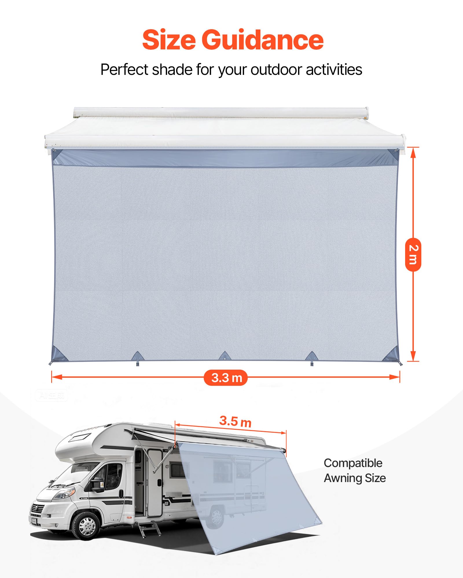 VEVOR Paroi Avant pour Store de Camping-Car de 2x3,3 m, Façade de Store Compatible avec Auvent de 3,5 m, Pare-Soleil pour Caravane Camping Voyage, en Maille Polyester Respirant, Double Couture