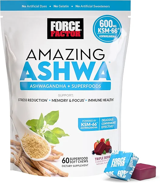 Force Factor Amazing Ashwa for Stress Relief, Memory, Focus, and Immune Support Health, Ashwaganda Supplement with KSM-66 Ashwagandha for Stress, 60 Soft Chews