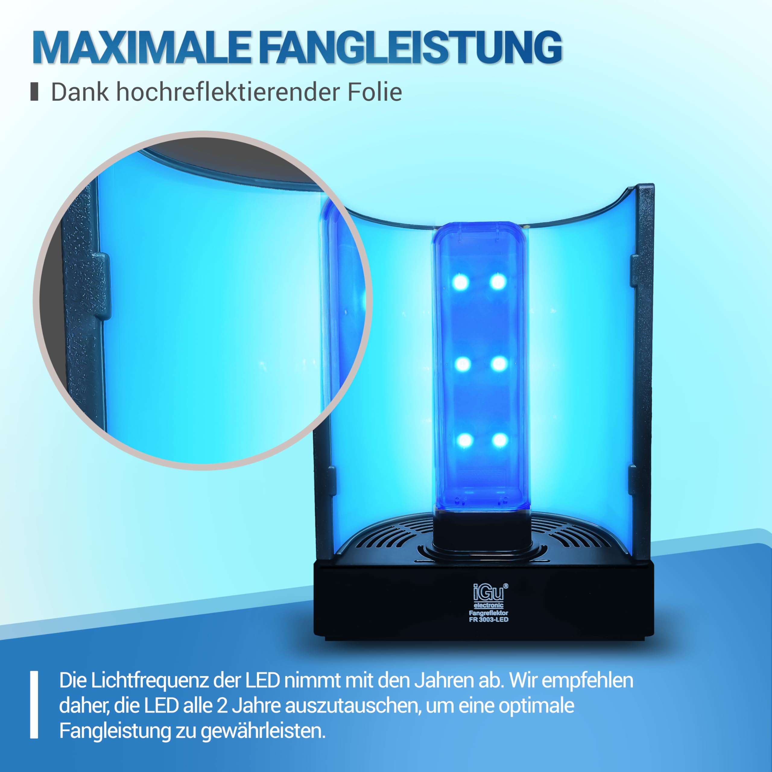 iGu 3003 LED Fliegenfänger Elektrische Fliegenfalle Innenbereich UV-LICHT | Insektenvernichter, Fliegenfalle mit Ersatzfolien, Klebefolien FANGREFLEKTOR, Fliegenabwehr, Mückenfalle, Mückenschutz, 230V