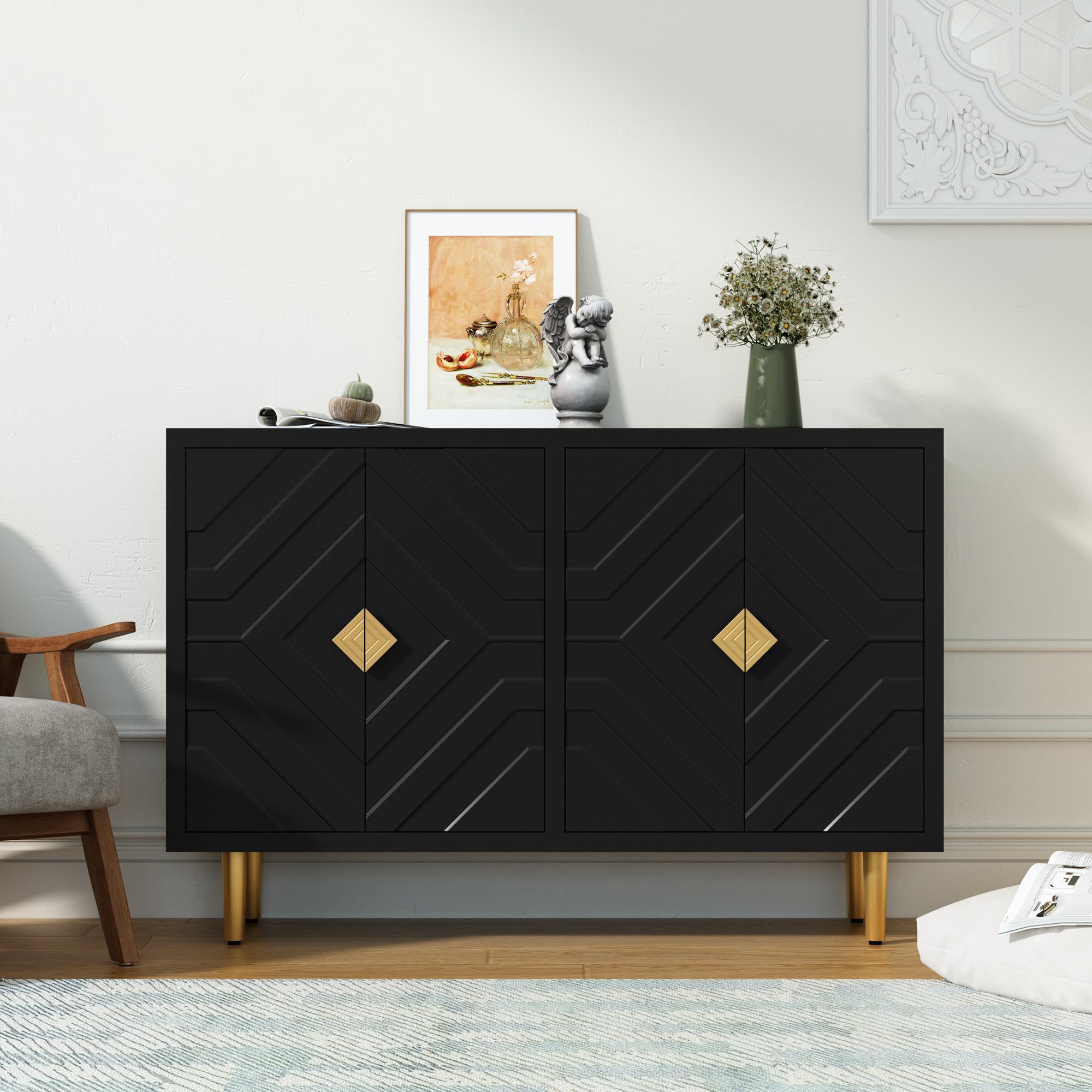HOLTICO Credenza Moderna con 4 Ante, Armadietto con Design a Rilievo Geometrico, Mobile Multifunzione per Soggiorno, Cucina e Camera da Letto, 4 Colorazioni Esclusive, Nero Scuro