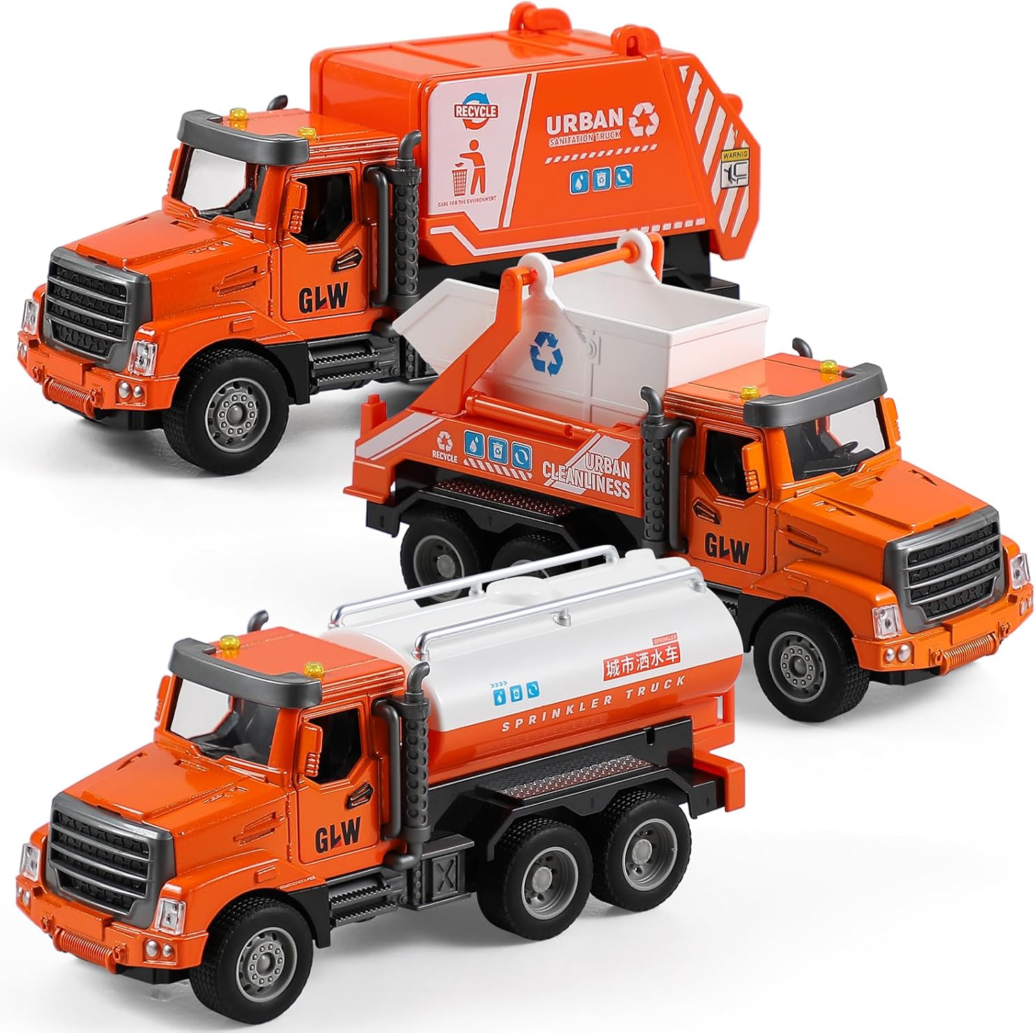 City Work Vehicle Toy Playsets – Friction Powered Alloy Vehicles with Light and Sound, Including Garbage Transfer Truck, Garbage Transport Truck, Sprinkler Vehicle
