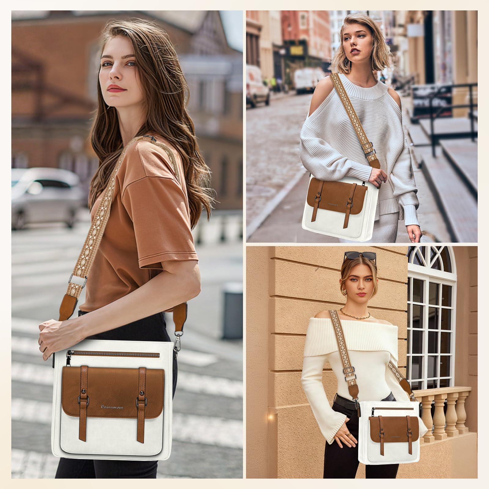 RAINSMORE Bolso Bandolera Mujer Mediano Bolsos de Mujer Bolsos Bandolera Bolso Cruzado de Cuero PU con Correa Ajustable para Viaje Trabajo Compras Blanco y Marrón
