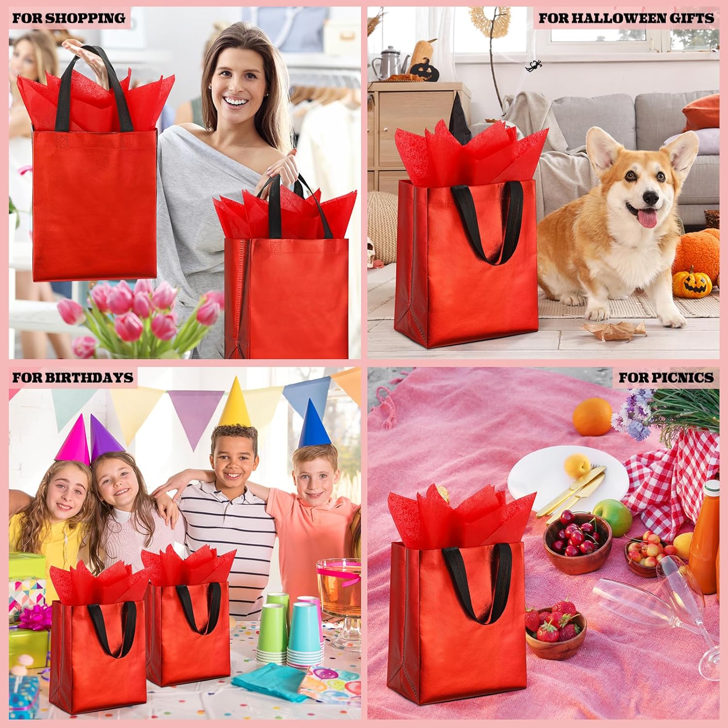 Eccliy 60 Set Reusable Gift Bags with Tissues Papers, Glossy Non Woven Tote Bags with Handles for Wedding, Spring Event, Graduation (Medium,Red)