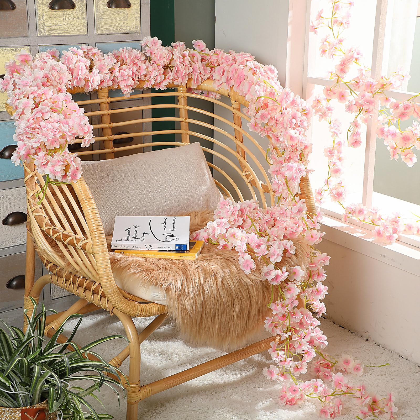 Yunlly Künstliche Kirschblütenranken, Hängeranken, künstliche Blumenranken, rosa Blumengirlande, japanische Kirschblütengirlande für Hochzeit, Party, Kawaii-Dekoration, 16 Stück