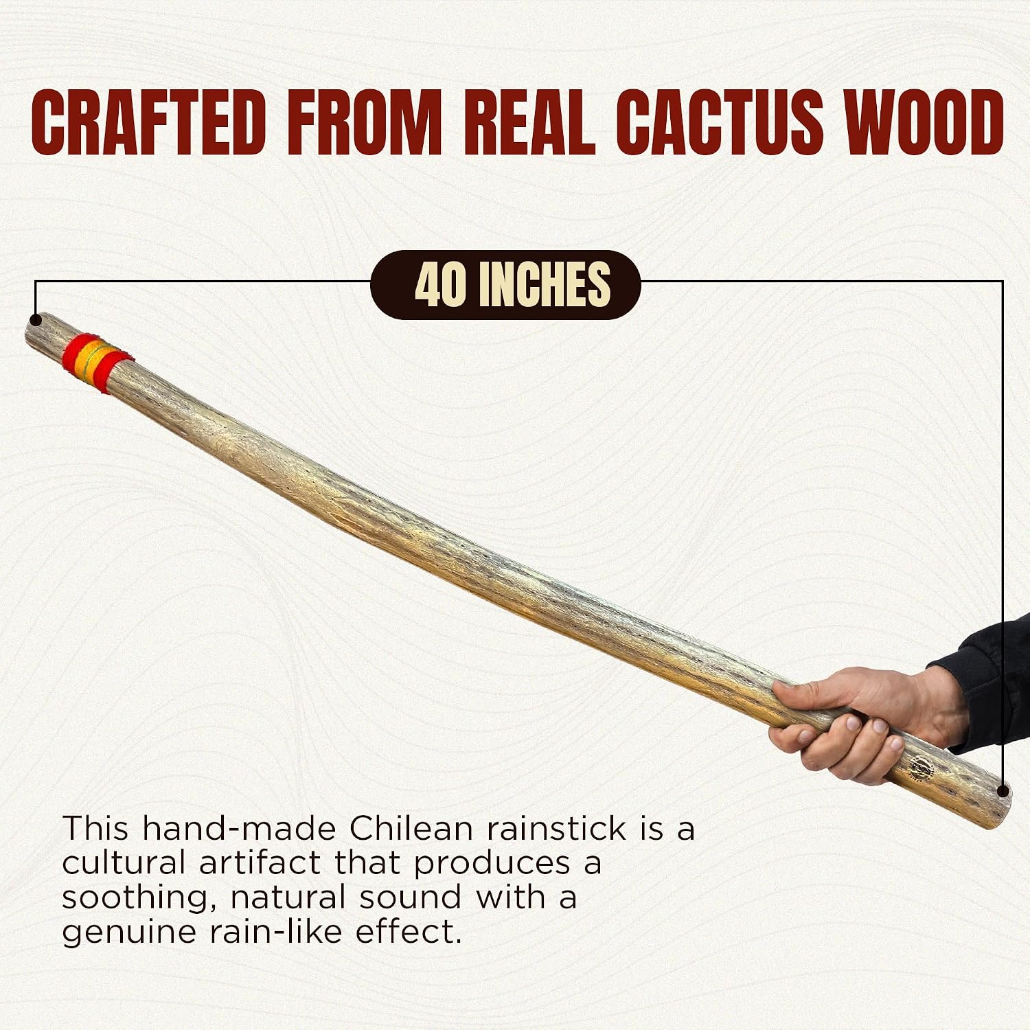 Africa Heartwood Project 40"" Cactus Rainstick from Chile - Authentic Handcrafted Rain Stick Musical Instrument with Rasta Yarn Wrap and Durable Sealant (Random Color), RS40YB