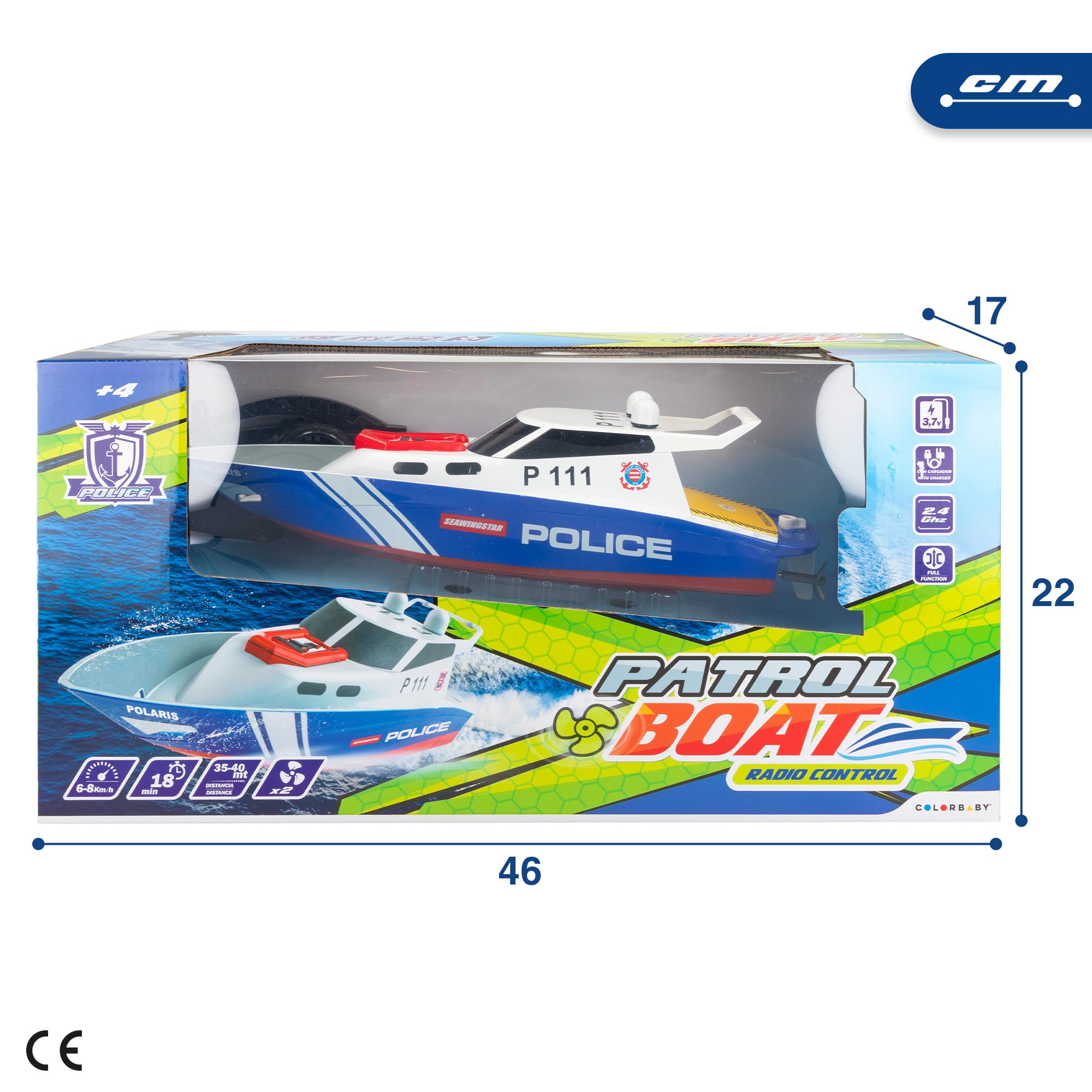 ColorBaby 47674 Racing Boat Lancha radiocontrol policía, 36x10x10 cm, Mando Control Remoto, 6 direcciones, 2.4 GHz, Alcance 35-40 m, Barco RC, Juguetes radiocontrol, Juguetes para niños, +4 años