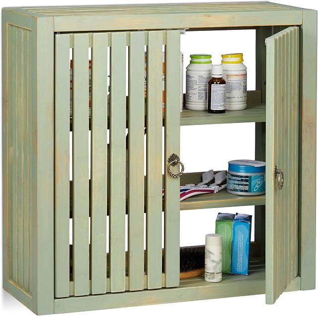 Relaxdays Wall Cabinet Vintage, Bamboo, 2 Doors, Magnet Latch, 2 Shelves, Bathroom & Kitchen, HWD 50 x 52 x 20 cm, Light Green