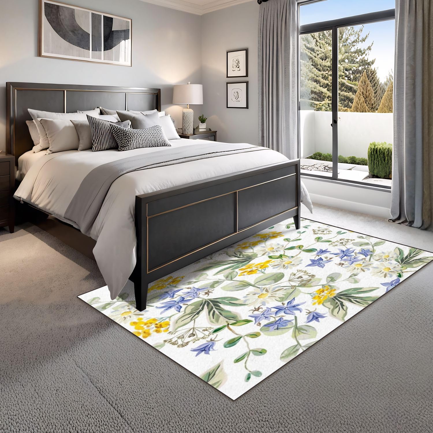 4x5 Boho Rug Rugs for Living Room Rugs for Entryway Daisy Flowers bellflowers Leaves White Floral Seamless Yellow Bedroom Rug Door Mat Nursery Room Decor Rainbow Carpet