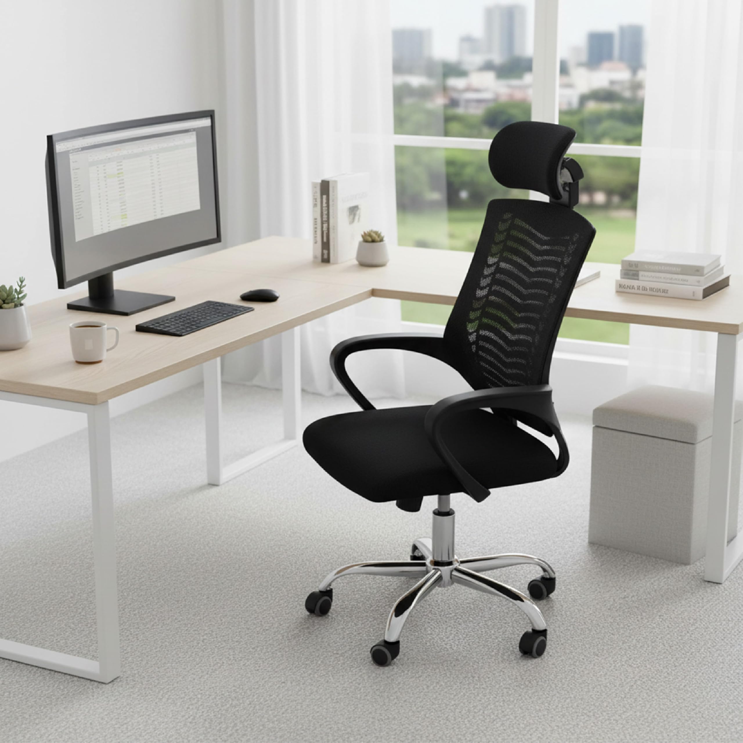 Baroni Home Sedia da Ufficio Ergonomica con Schienale Alto, Braccioli e Altezza Regolabile, Poggiatesta, Poltrona da Scrivania Girevole 360°, Seduta per Studio e Ufficio