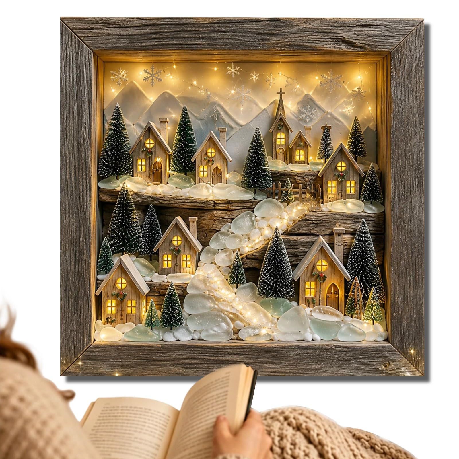 DIY Coastal Lighthouse Sea Glass Shadow Box Night Light, Soft Glowing Lighthouse Shadow Box, LED Framed Night Light, for Bedroom, Livingroom, Reading, Entryway, Feel More Relaxing(A)