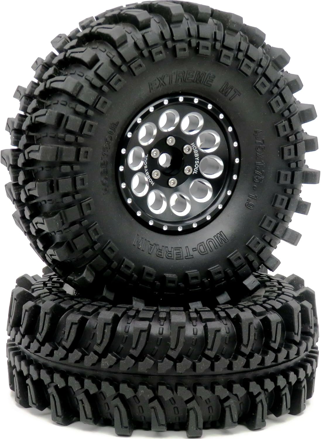HOBBYSOUL 1.9 Tires Height 4.75" (121mm) Mounted on 1.9 Beadlock Wheels Black Fit 1/10 Crawler Redcat Gen8 Traxxas TRX-4 Tamiay CC01 Axial SCX10 Mud Crawler Badland Terrain, (4-Pack, Assembled)