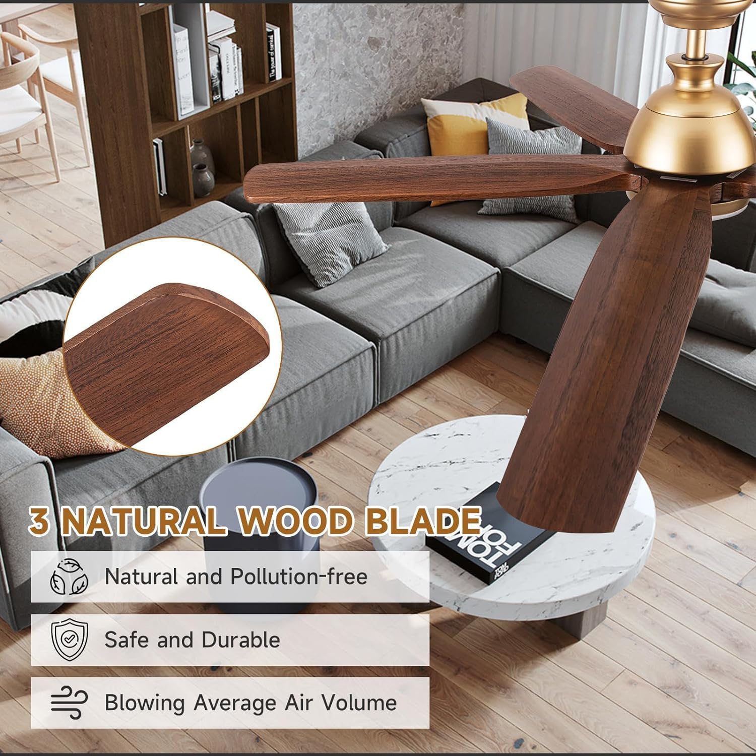 52 Inch Gold Ceiling Fan with Light, Rustic Wood Ceiling Fans with Lights Remote Control Reversible Quiet DC Motor, Indoor Exterior Ceiling Fan for Patios Porch Gazebo Living Room, Dimmable, 3CCT