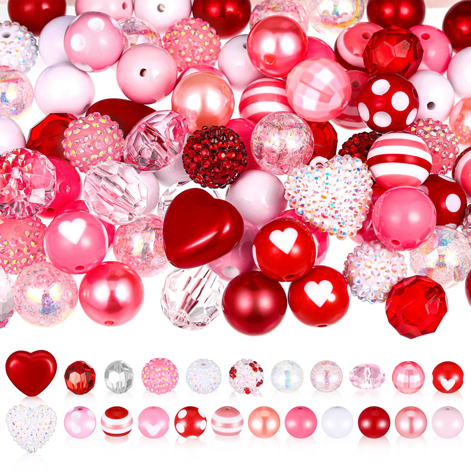 Poen 100 Pcs 20 mm Valentines Day Rhinestone Bubblegum Beads Pink Red Beads for Pens Bulk Mixed Crystal Resin Chunky Crafts for DIY Craft Keychain