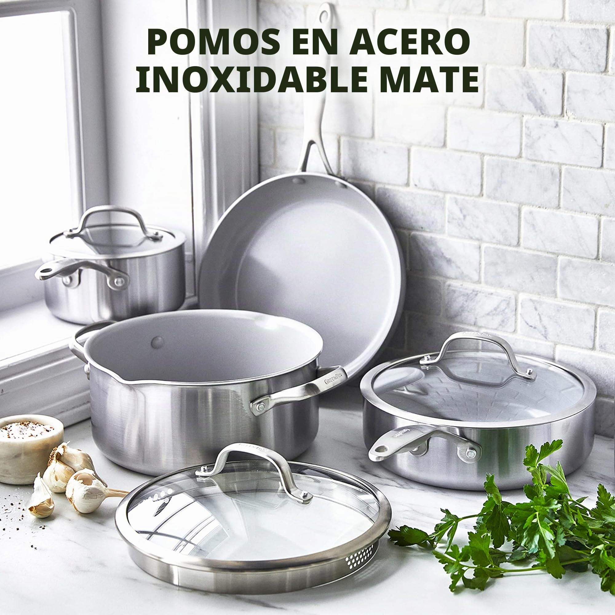 GreenPan Venice Pro Juego de Sartenes y Ollas de 7 Piezas de Acero Inoxidable Sano con Cerámica Antiadherente, Sin PFAS, Multicapa, Inducción, Apto para Lavavajillas, Apto para Horno, Plateado