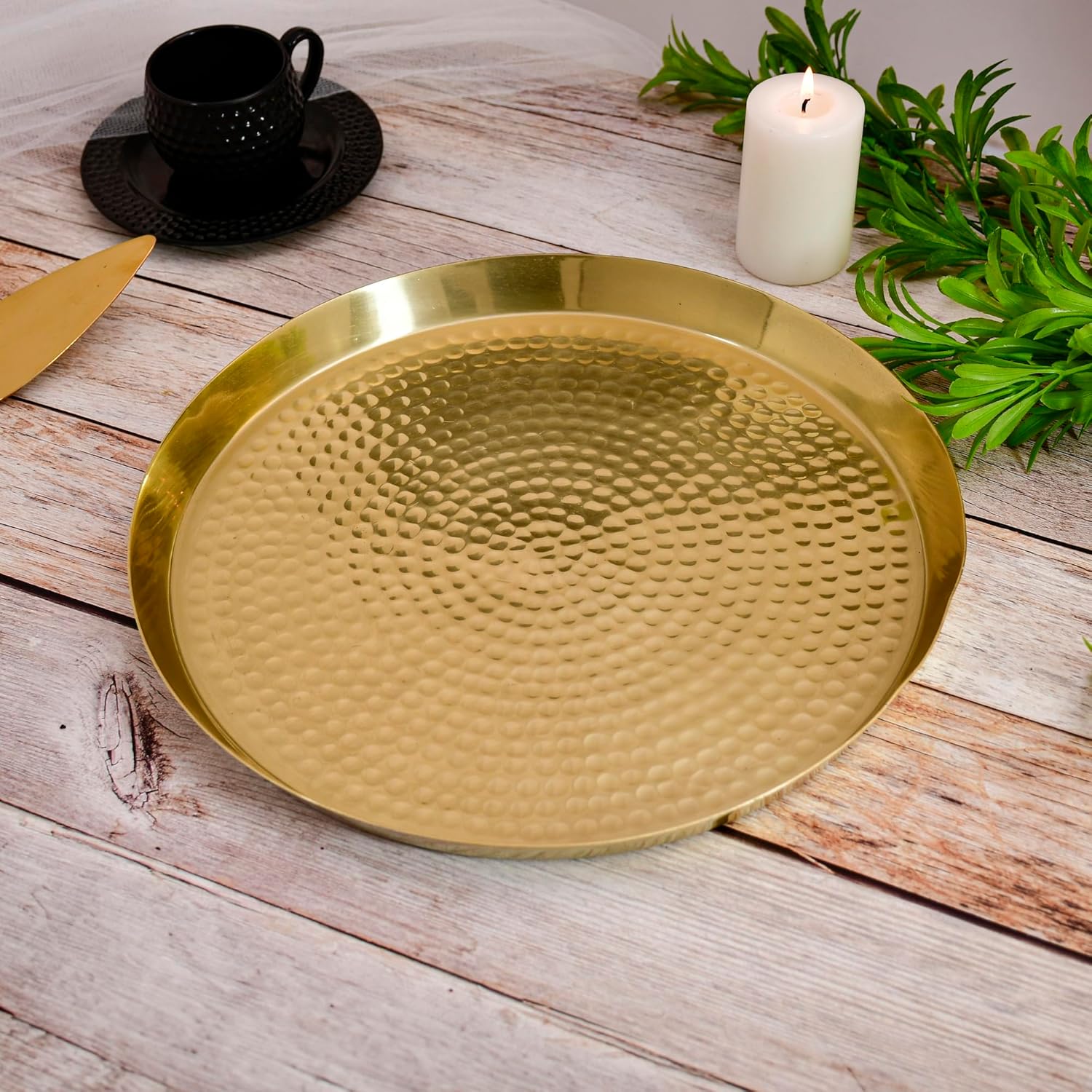 12.5 inch Hammered Round Decorative Tray | Serving Dish | Display Platter | Vanity Tray | Candle Plate | Premium Centerpiece | Bathroom Counter Tray | Kitchen, Dessert | Metal Coffee Table Decor