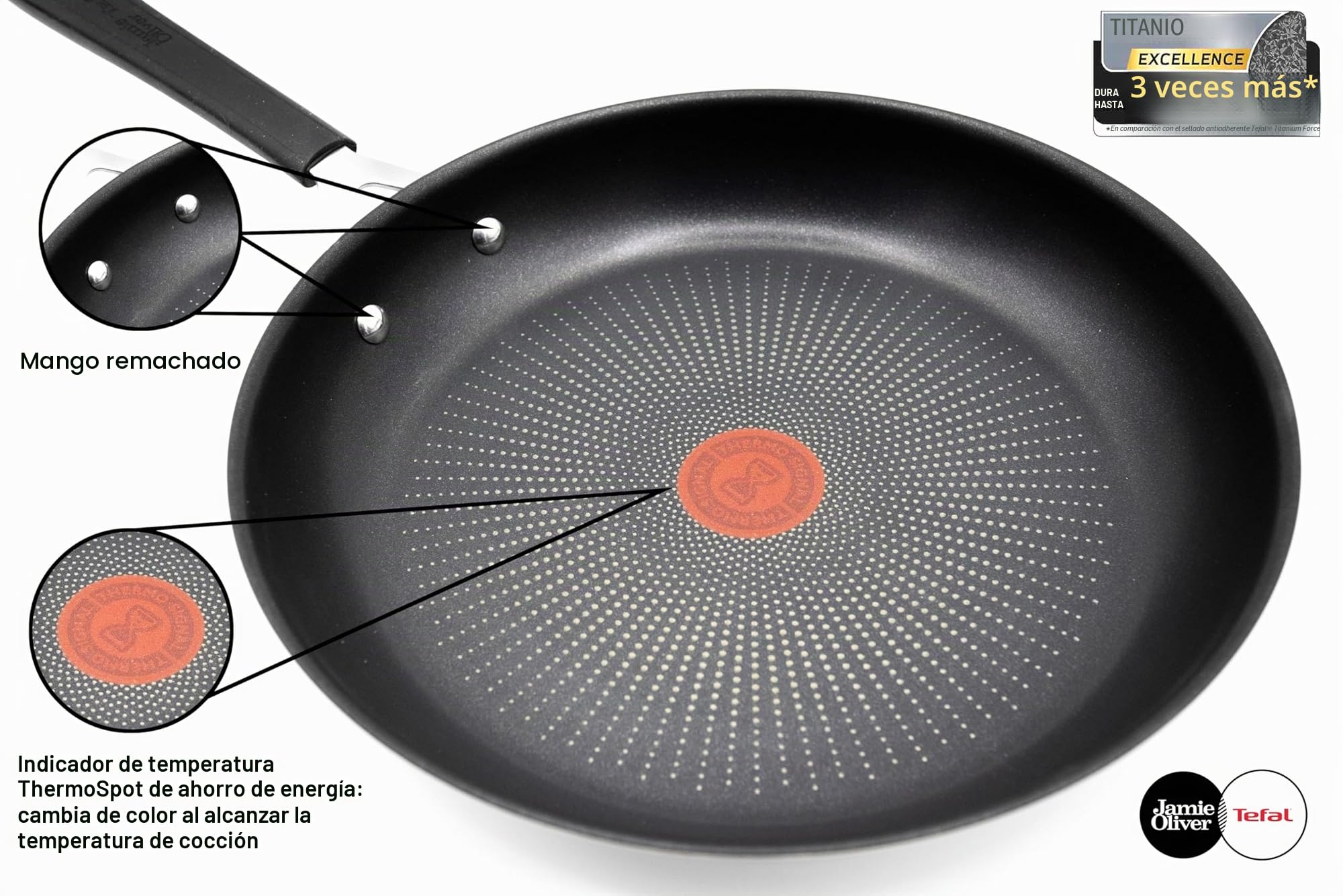 Tefal Jamie Oliver Wok 28 cm inducción, wok de acero inoxidable grande, antiadherente, borde alto, apto para horno, mango remachado, E30