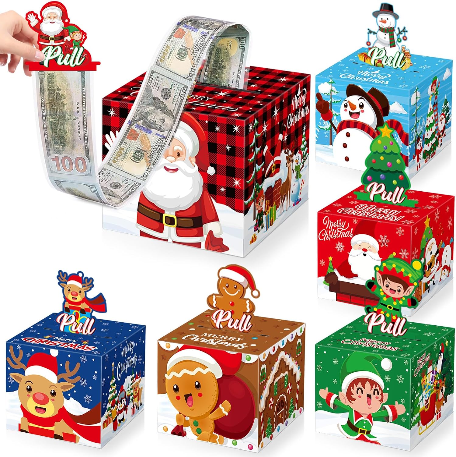6 Pcs Christmas Money Box Party Supplies Merry Christmas Gift Boxes for Cash with Pull Out Card Xmas Tree Snowman Santa Elk Surprise Money Holder Party Decors for Kid Girls Boys Holiday Cash Dispenser