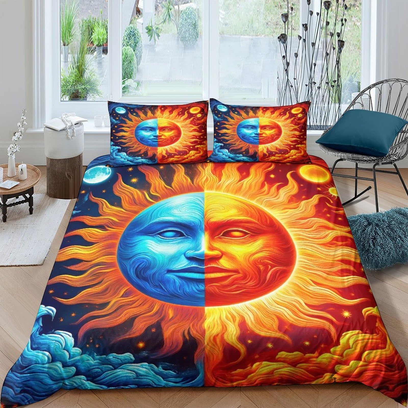 Couverture de couette 3D Soleil et Lune en microfibre de luxe pour lit double 200x200cm