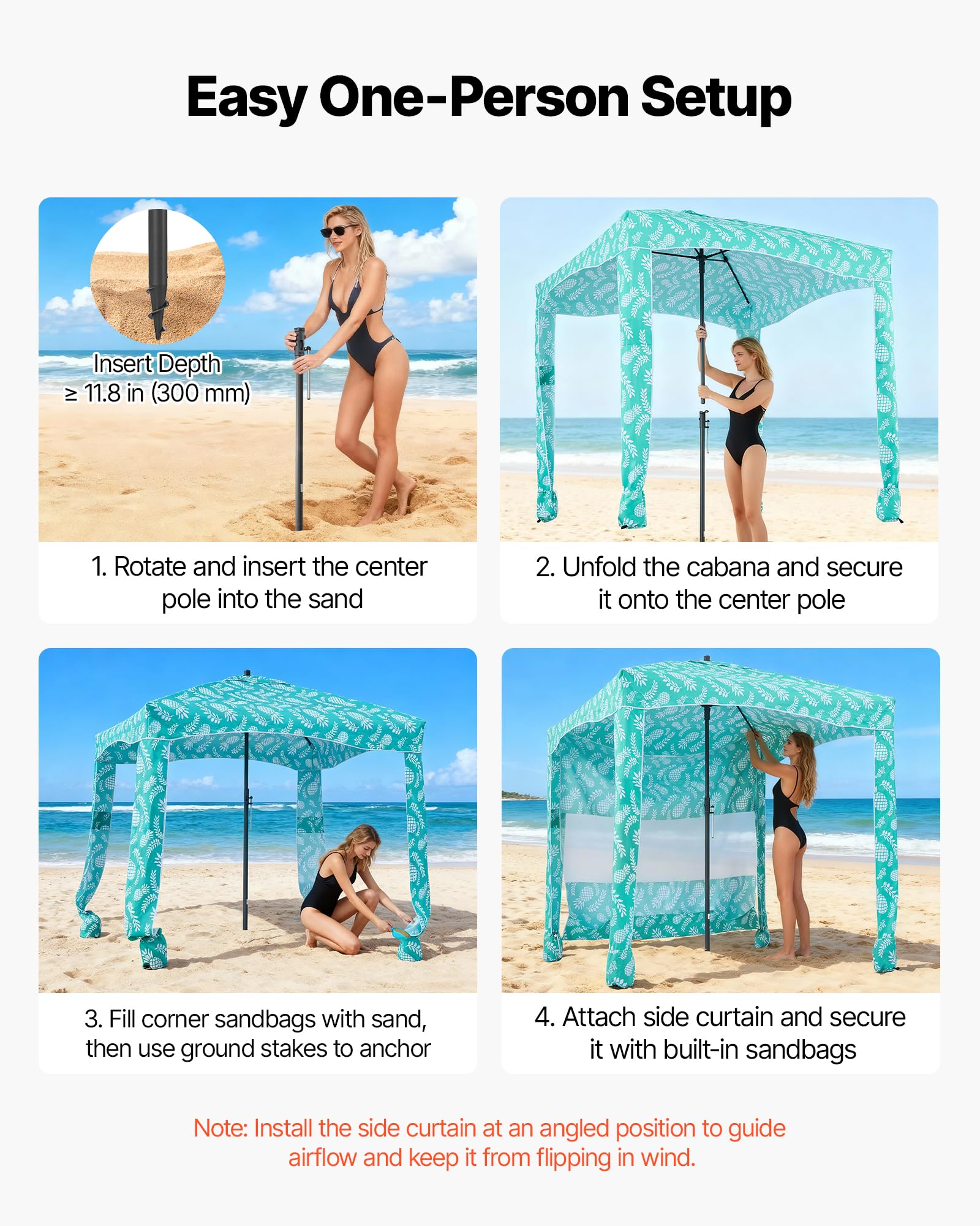 VEVOR Tonnelle de Plage 1,83x1,83 m, Abri de Plage avec Parois Latérales et Poches à Sable, Tente de Camping Extérieur Portable avec Sac, Protection UPF 50+, Hauteur Réglable, Ombrage Spacieux, Vert