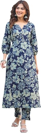 Janasya Indian Womens Cotton Indigo Floral Print Casual Wear Kurta Set for Women