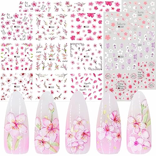Pink Flowers Nail Stickers Pink Cherry Blossoms Decals with Tree