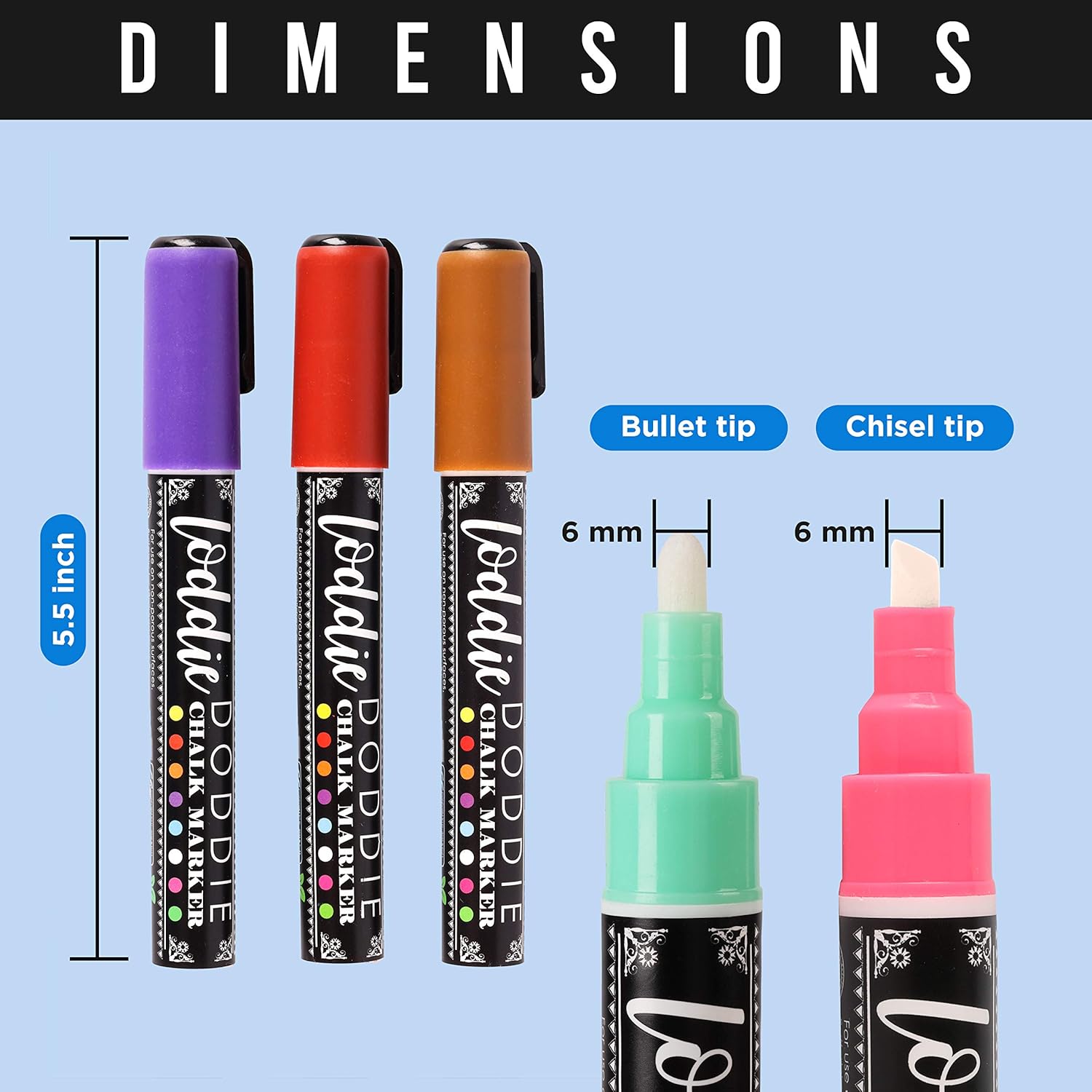 Loddie Doddie Liquid Chalk Markers | Dust Free Chalk Pens - Perfect for Chalkboards, Blackboards, Windows and Glass | 6mm Reversible Bullet & Chisel Tip Erasable Ink (Pack of 24) : Office Products