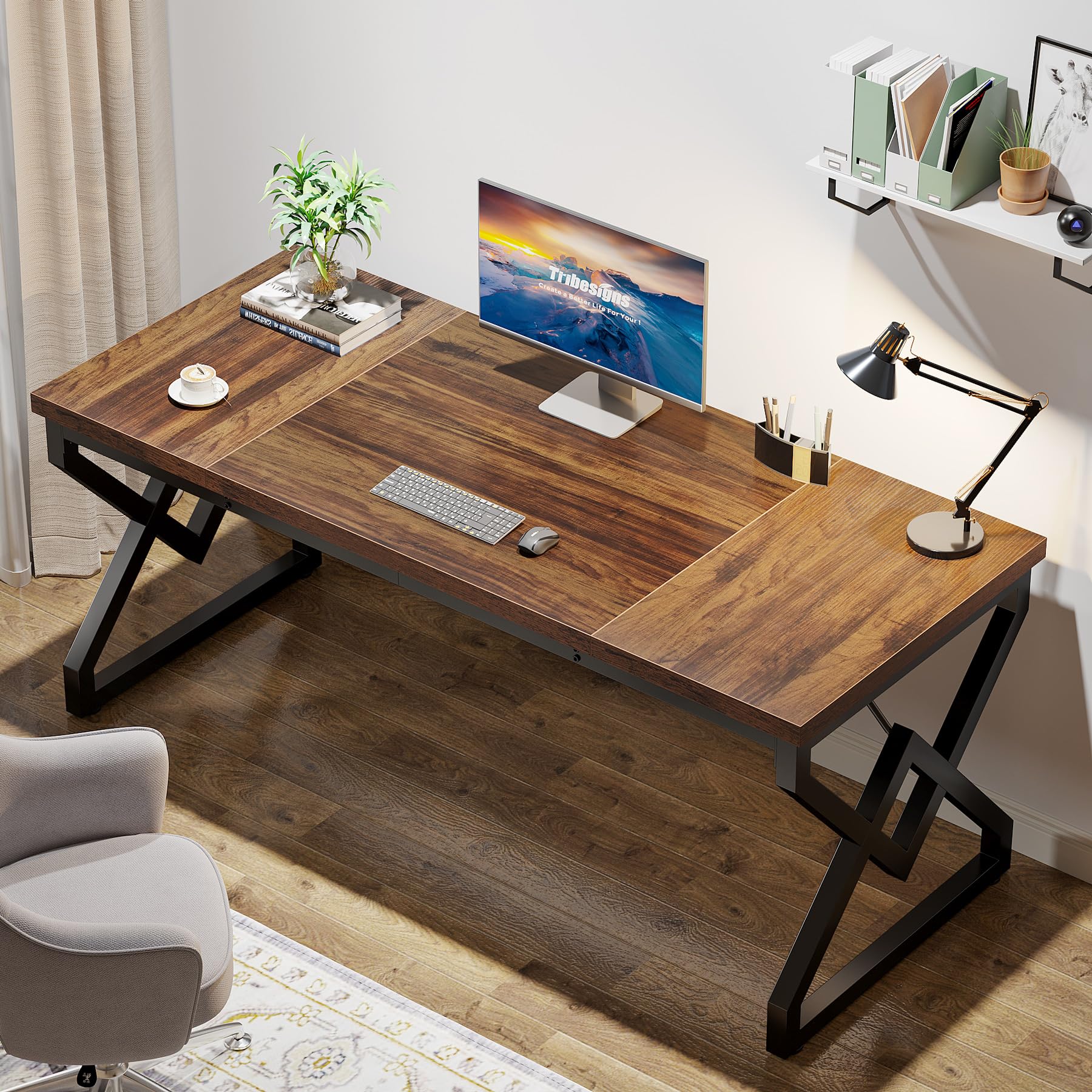 Tribesigns Executive Desk, 160 cm W groot computerbureau, modern bureau, vergadertafel, vergadertafel, zakelijke meubels voor thuiskantoor, wit en goud