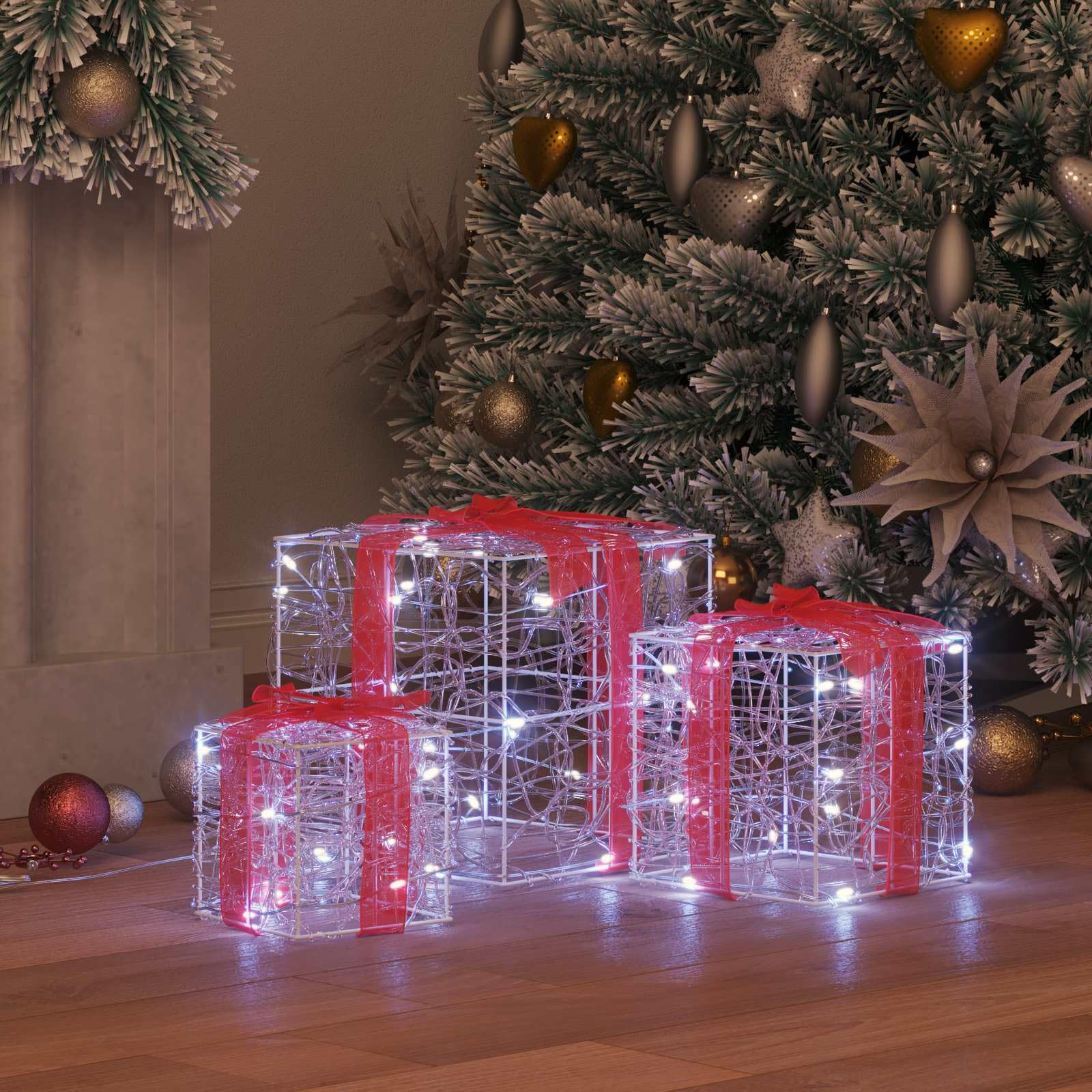 Pudełko na prezent z 60 diodami LED, zimna biel, zestaw 3 szt., akryl, 20 x 20 x 20 cm, dekoracja bożonarodzeniowa z pilotem zdalnego sterowania, do świątecznego oświetlenia i eleganckiej