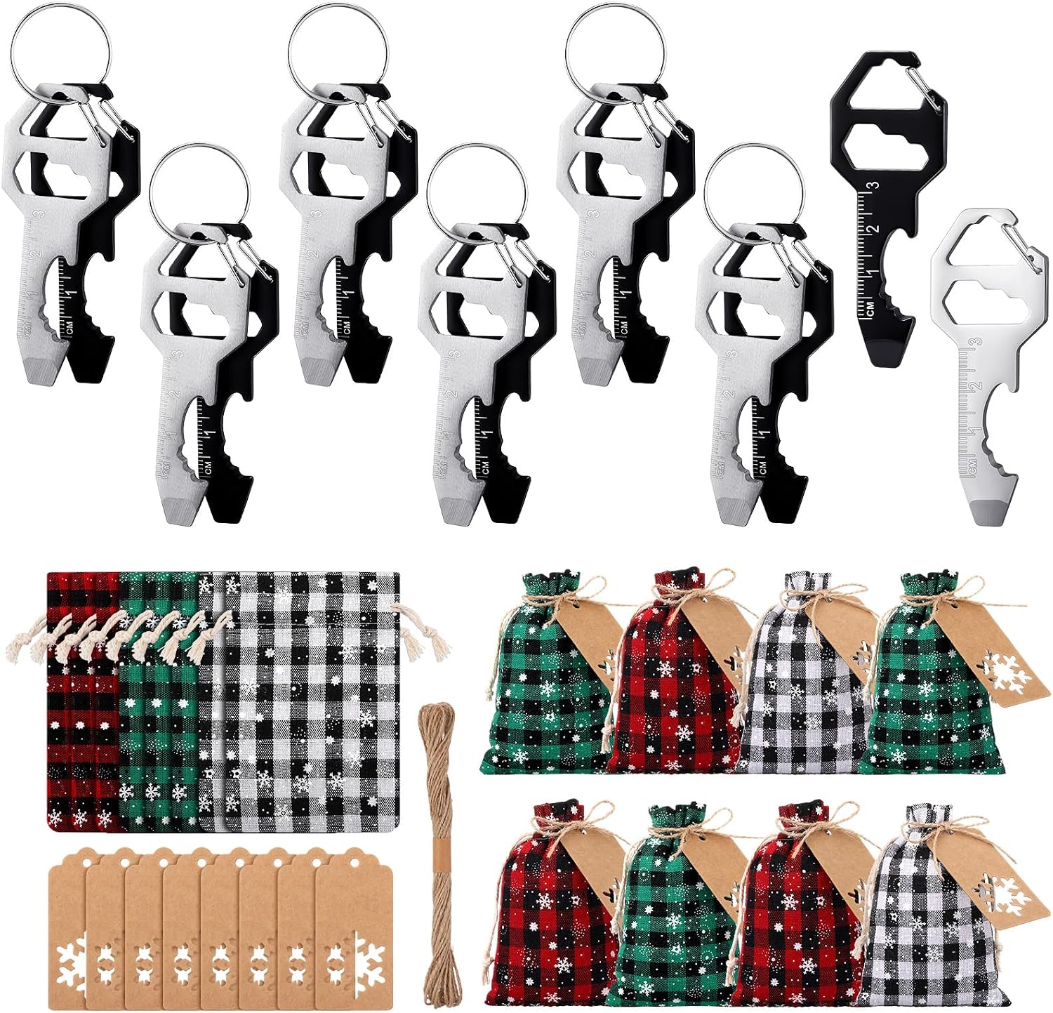 Potchen 8 Set Christmas Key Bottle Opener Multitool Gifts White Elephant Gifts for Men Adults Dad Xmas Keychain Tool EDC Gadget Drawstring Bag with Tag Holiday Winter Favors (6 in 1 Functional)