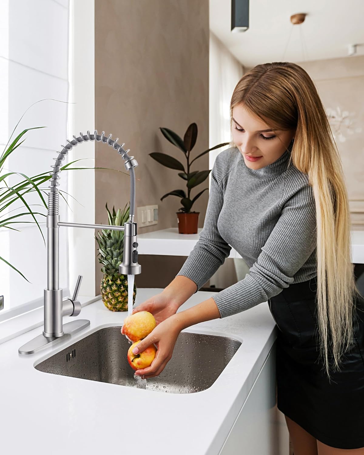 Kitchen Faucets with Pull Down Sprayer: Brushed Nickel 3-Function Kitchen Sink Faucets for 1 or 3 Hole - Stainless Steel Single Handle Spring Kitchen Faucets with Deck Plate for Farmhouse RV Laundry