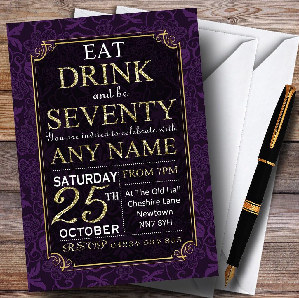 Purple & Gold Flowers 70th Personalized Birthday Party Invitations