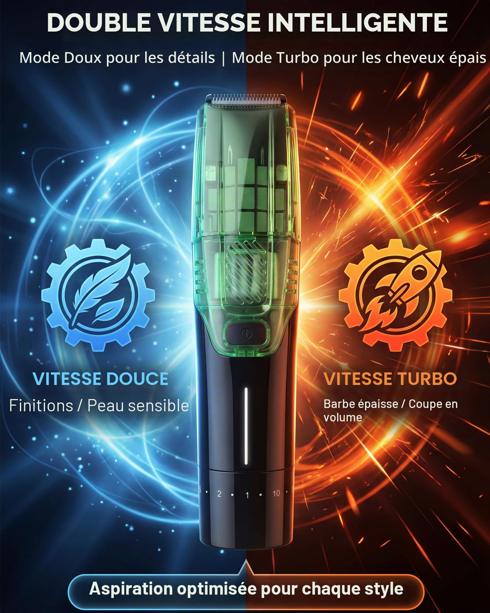 Tondeuse à barbe pour homme – 2 vitesses d'aspiration et puissance réglables, IPX6 étanche humide/sec, sans fil, 40 réglages de longueur (0,5 à 20 mm), charge rapide USB-C, bac magnétique facile à