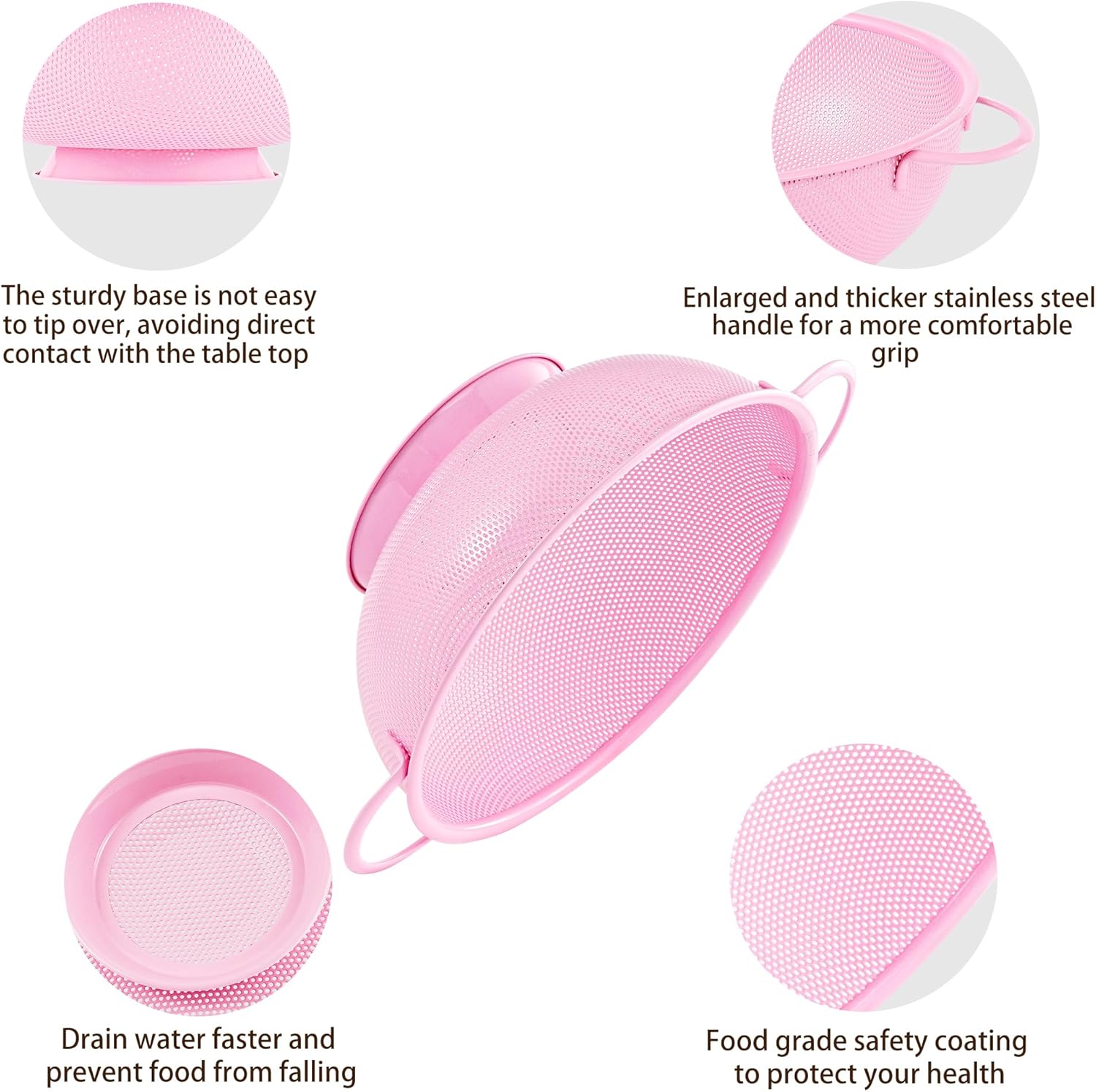 Stainless Steel Colander 3 Piece,Metal Strainer Basket with Solid Base and Handles for Kitchen Food,Pasta, Noodles, Vegetables and Fruits,Powder Coated,BPA Free,Dishwasher Safe,2 & 3 & 4.5 Qt (Pink)