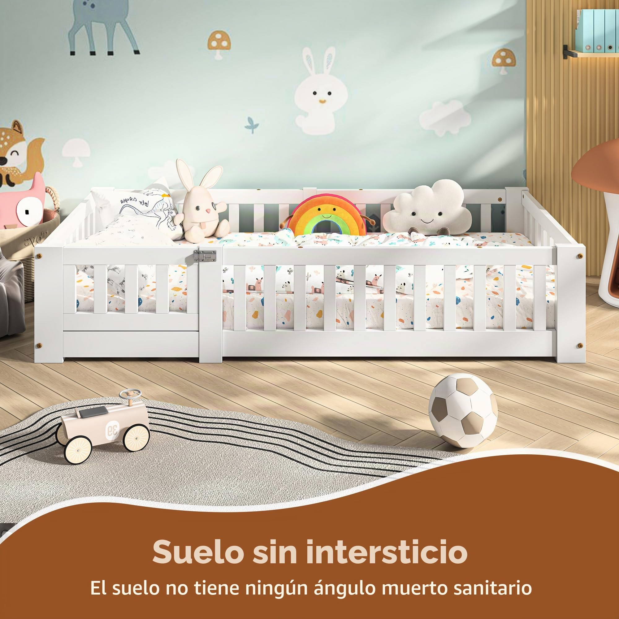 Cama infantil 90x190 cm, cama Montessori en el suelo de madera maciza pino con protección contra caídas y somier de láminas, cama de barrotes para niños y niñas, color blanco