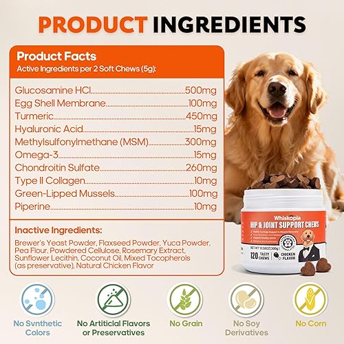 Miniatura 6 de Glucosamina para perros, suplemento de cadera y articulaciones, golosinas masticables para perros con MSM, condroitina para aliviar el dolor en las