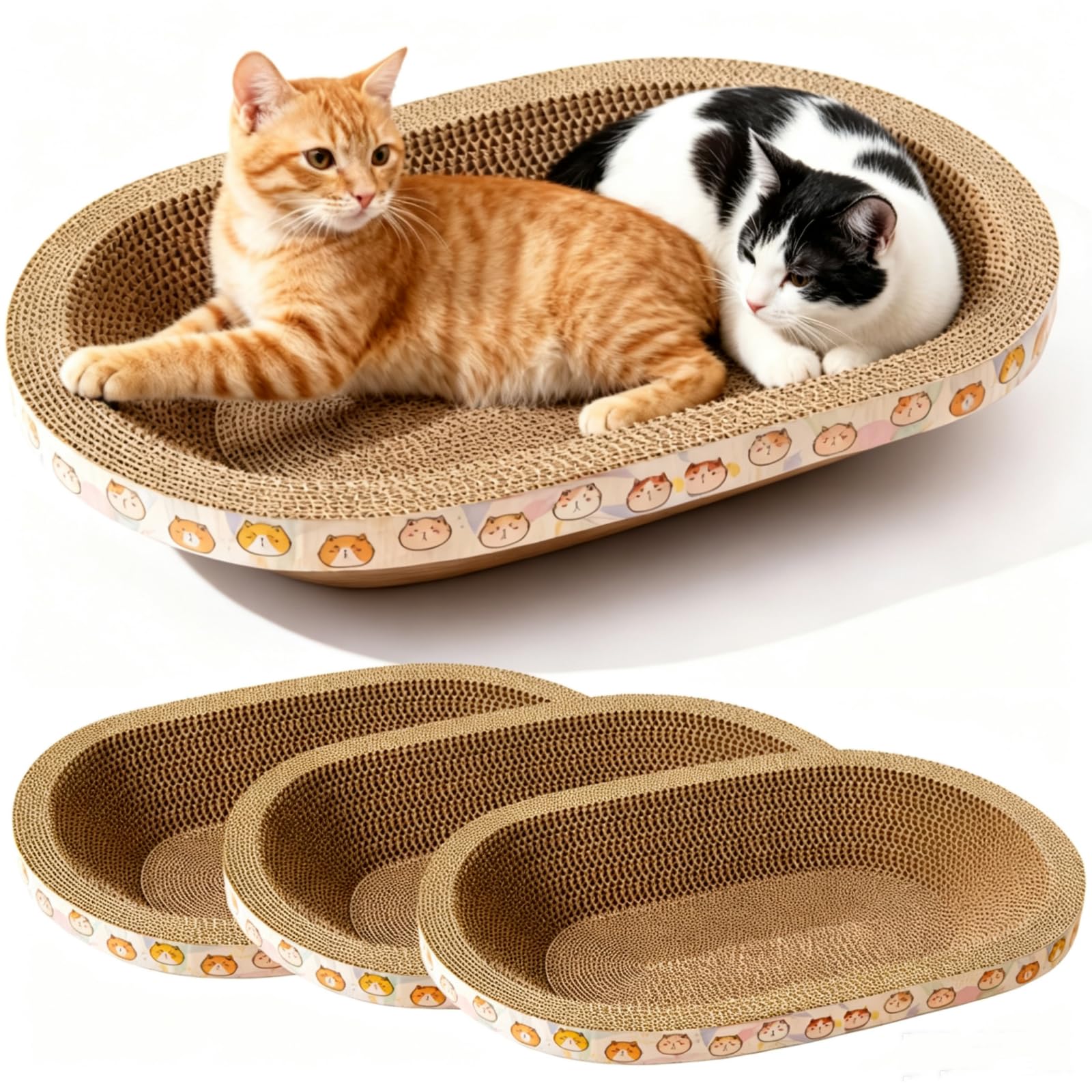 Spindro 3 Pack Cat Scratcher Cardboard, Large Cat Scratcher Bed Oval Indoor Scratcher Pad Lounge Couch Board Bowl Shaped Scratching Post Nest for Cats Grinding Claw Furniture Protector