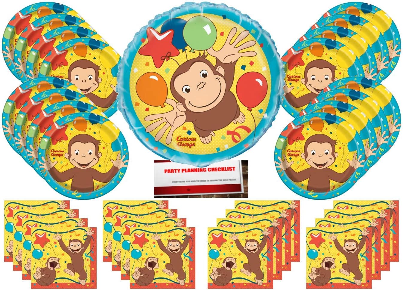 Curious George Monkey Birthday Party Supplies Bundle Pack for 16 Guests with Large 18 Inch Balloon (Plus Party Planning Checklist by Mikes Super Store)