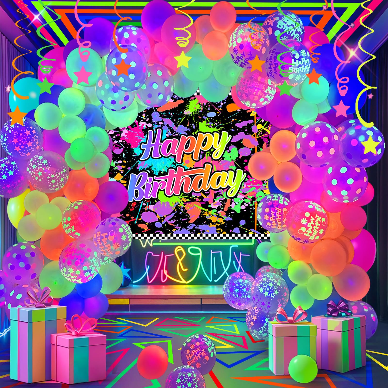 GYIPFIPA 150 Pcs Neon Balloons Arch Garland Kit, Glow in the Dark Neon Birthday Party Decorations, Balloons for Back to 80S 90S Glow in the Dark