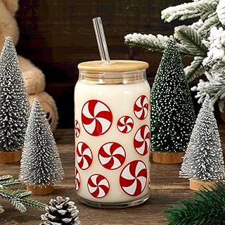 Whaline Christmas Drinking Glasses Red White Candy Iced Coffee Cup 16oz Xmas Candy Glass Cup with Lids and Straw for Cocktails Whiskey Beer Soda Gifts