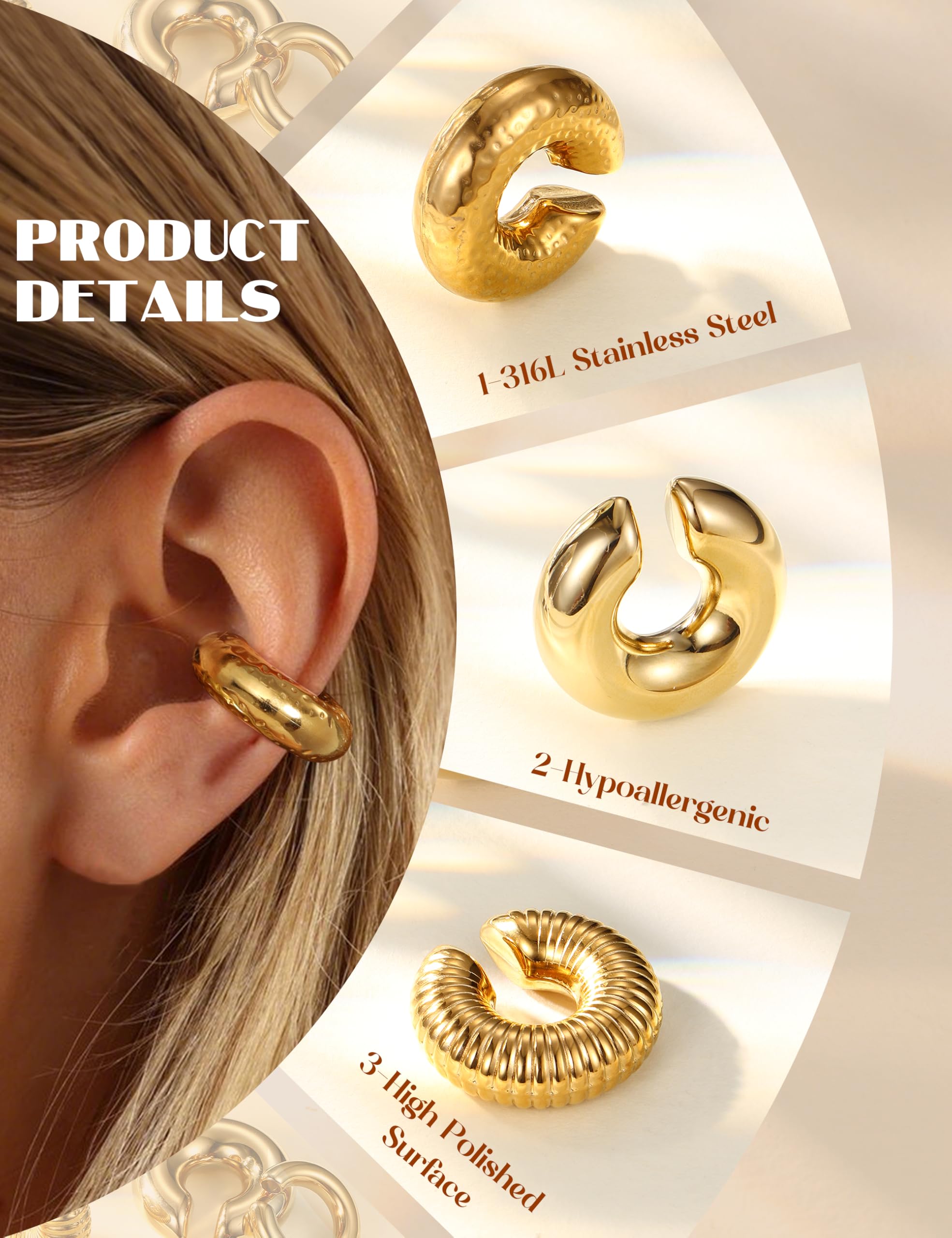 3-teiliges Gold/Silber-Ohrmanschetten-Set ohne Piercing, Edelstahl-Ohrclips, klobige Fake-Ohrringe, Dicke Fake-Piercings, Knorpelwickel-Helix-Ohrring-Set, Manschetten-Ohrringe für Frauen
