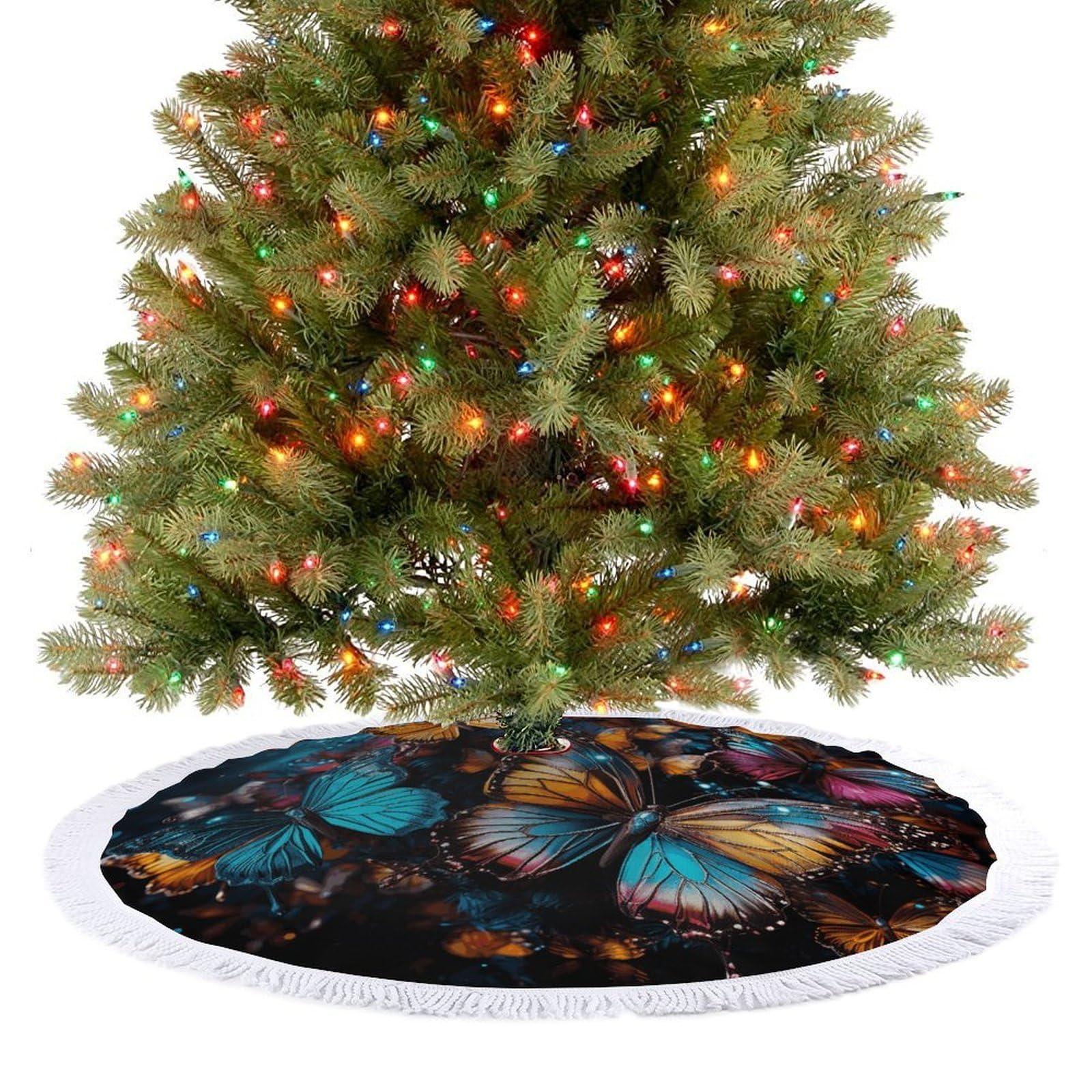 Colorful Butterflies Flying Around on Black Background Christmas Tree Skirt 30"x30" Rustic Xmas Tree Mat with Tassel Ornament Christmas Trees Cover Skirt Mat for Evergreen Trees Ornament Winter Holida