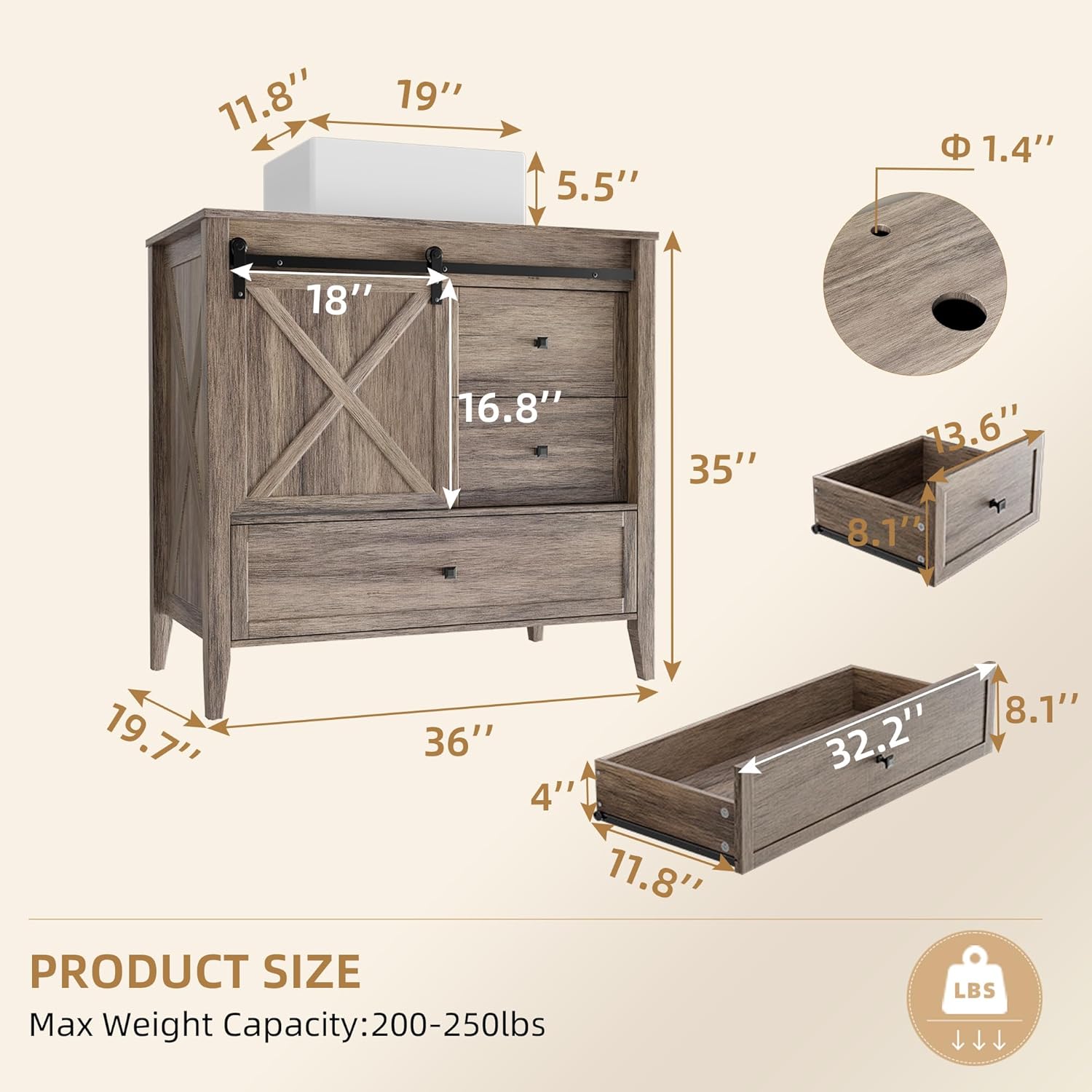 VNN Bathroom Vanity with Sink - 36 Inch Bathroom Vanity with Sink Ceramic, Freestanding Cabinet with Farmhouse Sliding Barn Door and 3 Drawers, Space-Saving Storage Cabinet, Wood Grain Texture, Grey