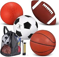 Lenwen 4-Piece Official Size Sports Balls Set: Basketball, Soccer, Football, Playground Ball + Pump & Bag for Teens Adults