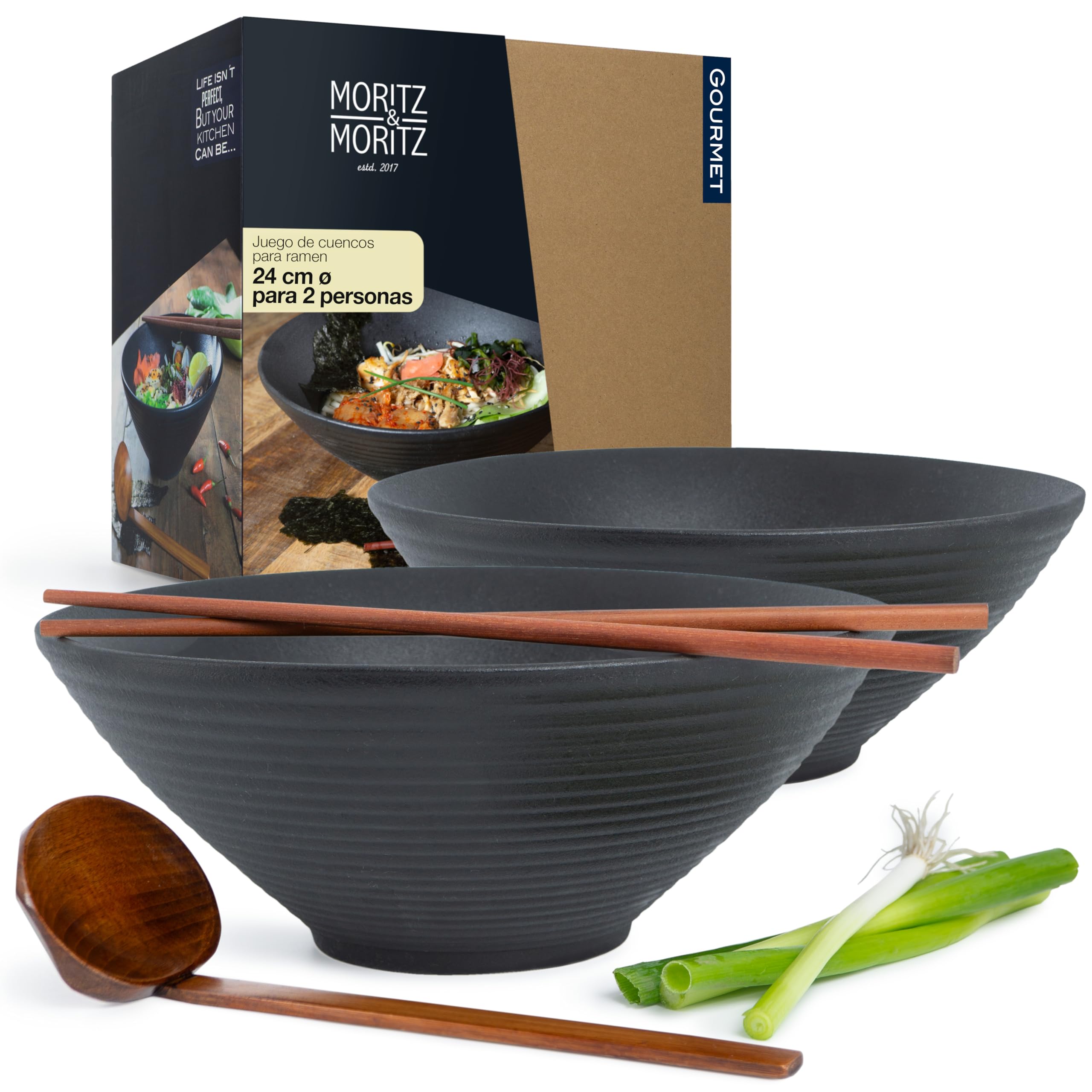 Moritz & Moritz 2 x Cuenco Ramen Japones - 24 cm Ø - Juego Vajilla Japonesa de Cerámica y Madera de Sándalo Para Sopa, Pho y Poke Bowl