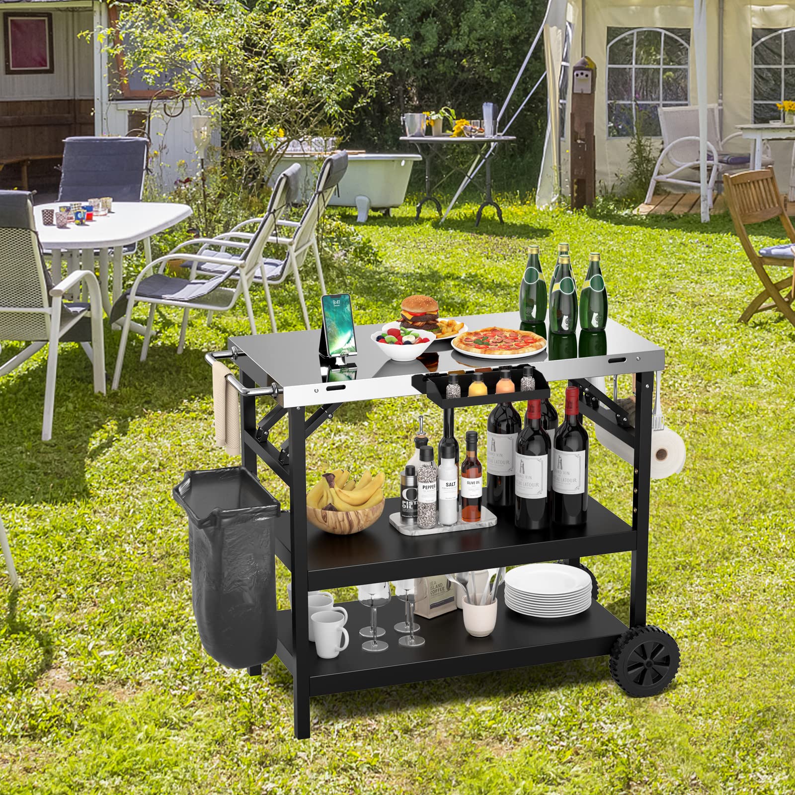GYMAX Chariot Barbecue Pliable 3 Niveaux, Desserte Jardin Mobile avec 2 Roues, Robuste en 201 Acier Inoxydable, avec Tablette à Épices, Porte-Poubelle, Porte-Mouchoirs,106x52x84cm
