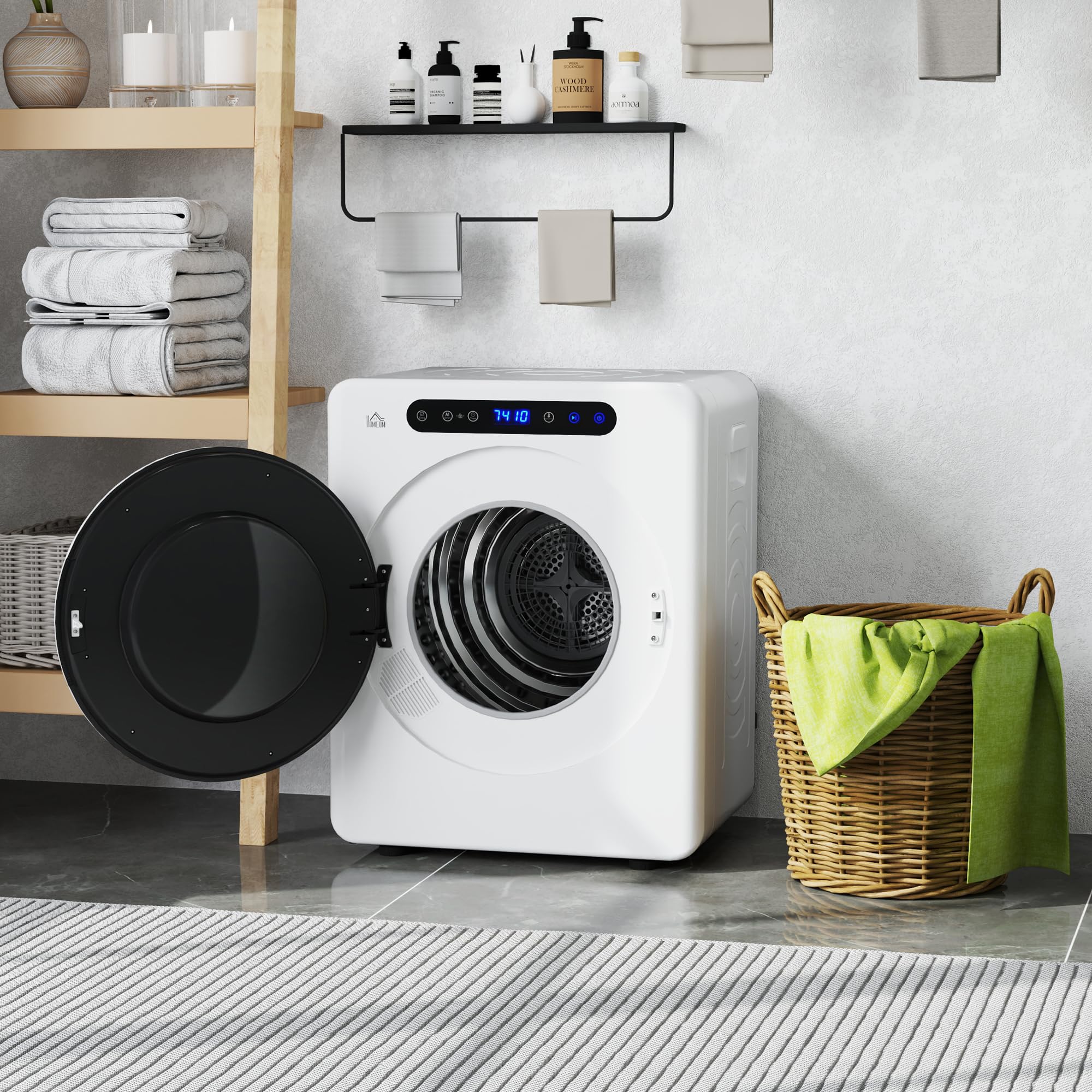 HOMCOM Mini Ablufttrockner 5kg Wäschetrockner mit Sterilisation, 6 Programmen bis zu 60℃, 1000W Trockner mit Touch-Screen, Knitterschutz, Edelstahltrommel, Extra-Trocken-Modus Weiß