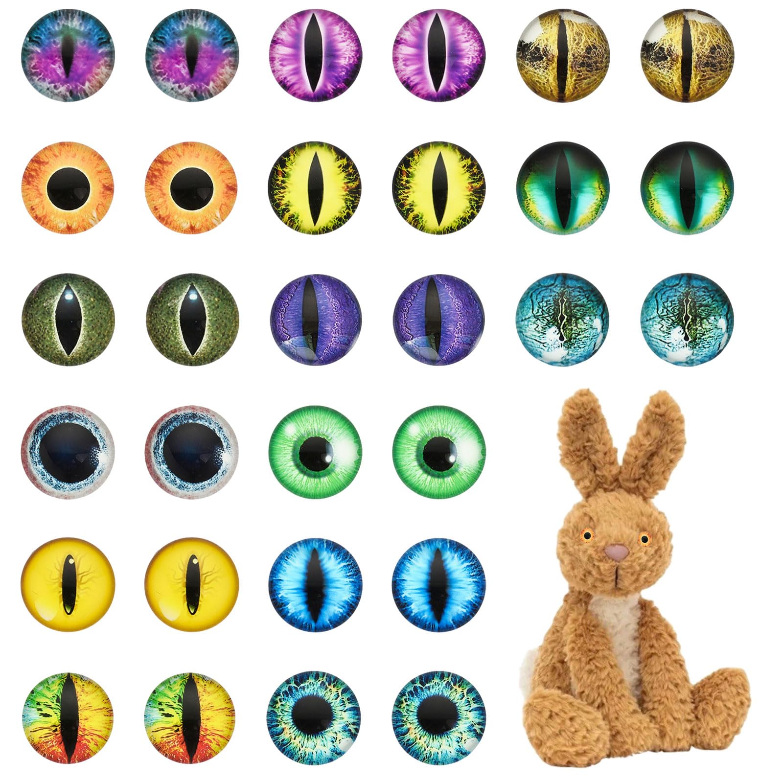 CHGCRAFT 30Pcs 15 Style Luminous Cat Eyes for Craft Glass Cabochons Glow in The Dark Half Round Animal Eyes Flatbacks for DIY Craft Necklace Bracelet Making, 20mm